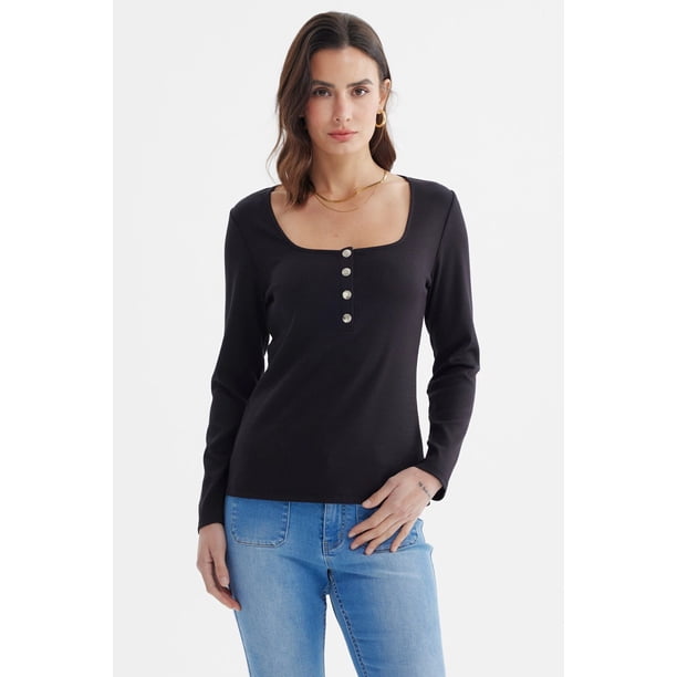 Polera Mujer Escote Cuadrado Botones Metálicos Negro