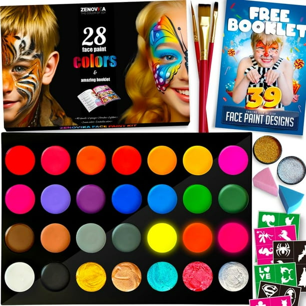 Kit de pintura facial Zenovika para niños: 28 colores profesionales, no tóxicos e hipoalergénicos
