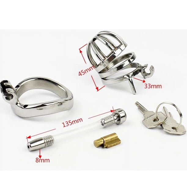 Stainless Steel Male Lockable Chastity Device with Silicone Urethral Catheter Hollow Cock Cage BDSM Restraint Penis Rings Man