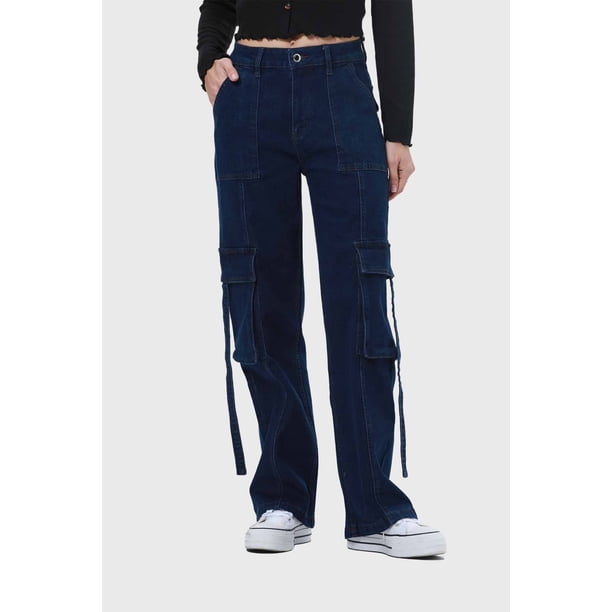 Jeans Mujer Amarras Calce Cargo Azul