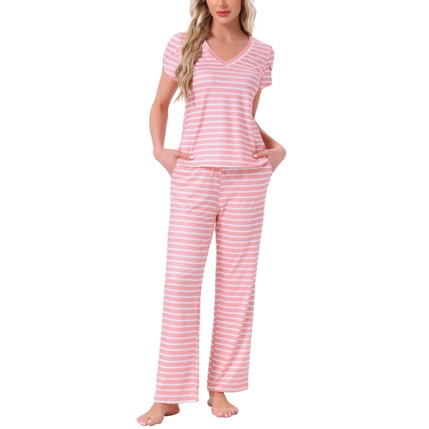 INSPIRE CHIC Pijamas para Mujeres Top de Manga Corta con Cuello en V con Pantalones con Cordón Conjunto de Ropa de Dormir Estampado con Bolsillos XL Rayado Rosa