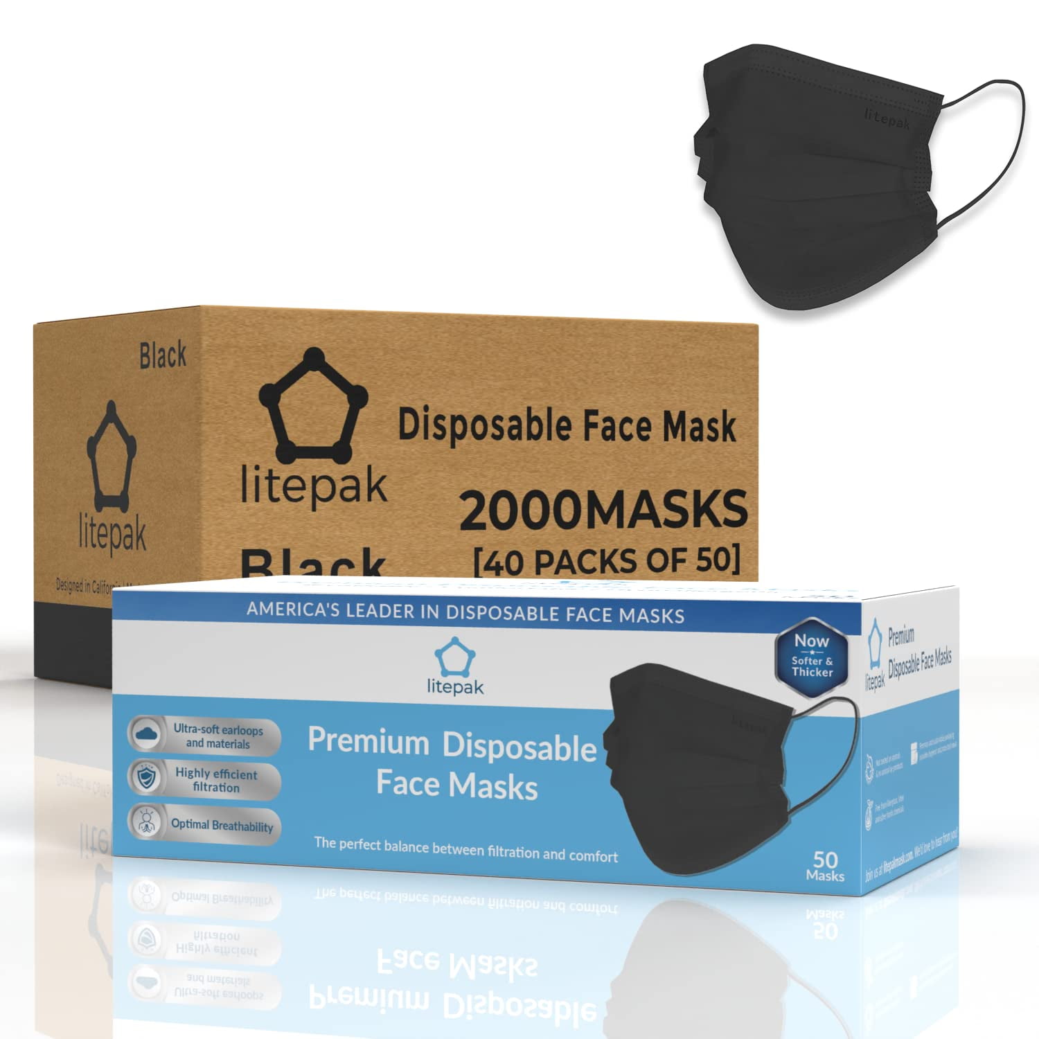 Mascarillas Desechables Litepak, 2000 Unidades, Negras, 3 Capas, Para Adultos