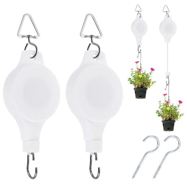 Polea Retráctil para Plantas Colgador de Plantas de Alta Resistencia con Gancho Triangular para Cestas de Flores Blanco, 2 Piezas