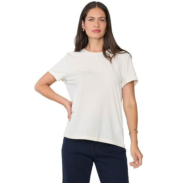 Polera Mujer Rib Básica Manga Corta Blanco Corona