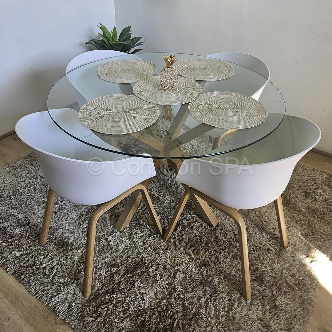 Cori Cori - Comedor Mesa Warwick D100 Vidrio + 4 Sillas Cup Blanco