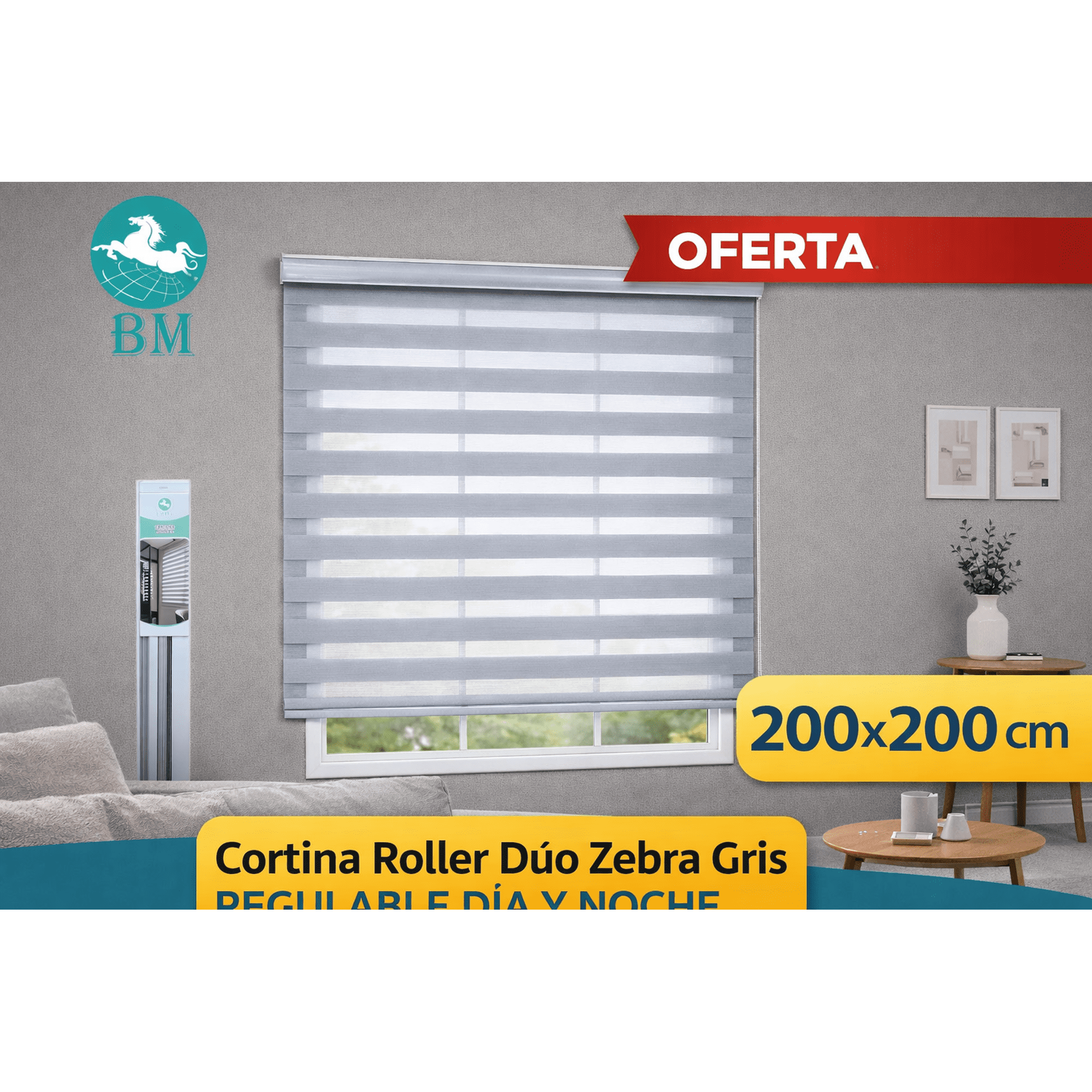 Baima - Cortina Roller Dúo Zebra Gris 200x200 Cm Regulable Día Y Noche