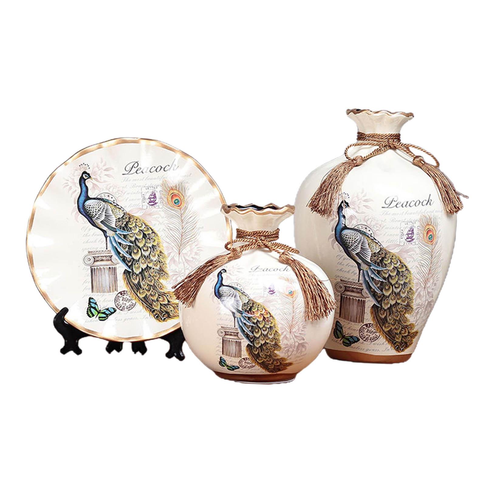 Bothyi - 3 Jarrones De Cerámica De Estilo Chino, Decoración De Pavo Real, Placa Oscilante, Decoraciones Para El Hogar