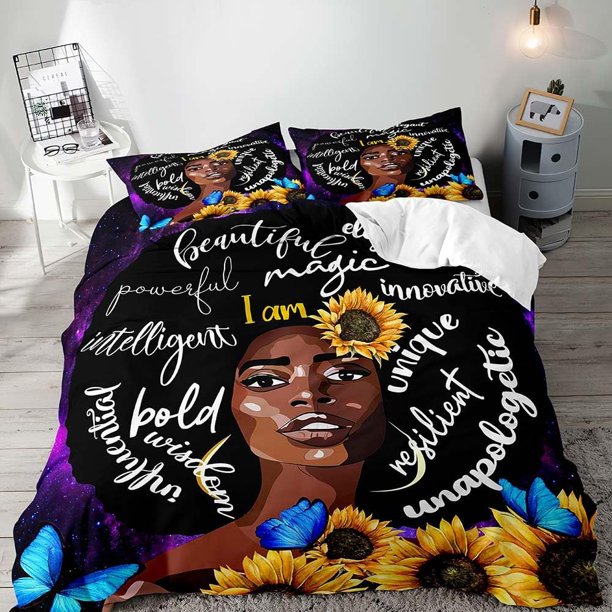 3PCS Sexy Black Girl Duvet Cover Queen Set Pink Bag High Heels Get Naked Inspirational Quotes African American Bedding Set