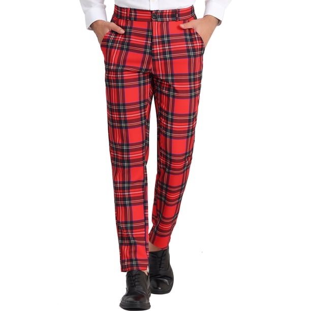 INSPIRE CHIC Pantalones para Hombre Cuadros Cintura Elástica Estiramiento Frente Plano Pantalones de Vestir 30 Rojo Oscuro