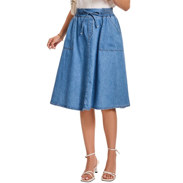 INSPIRE CHIC Falda Midi de Mezclilla para Mujer con Cintura Elástica con Cordón, Falda de Jean en Línea A con Bolsillos y Dobladillo Acampanado S Azul Cielo