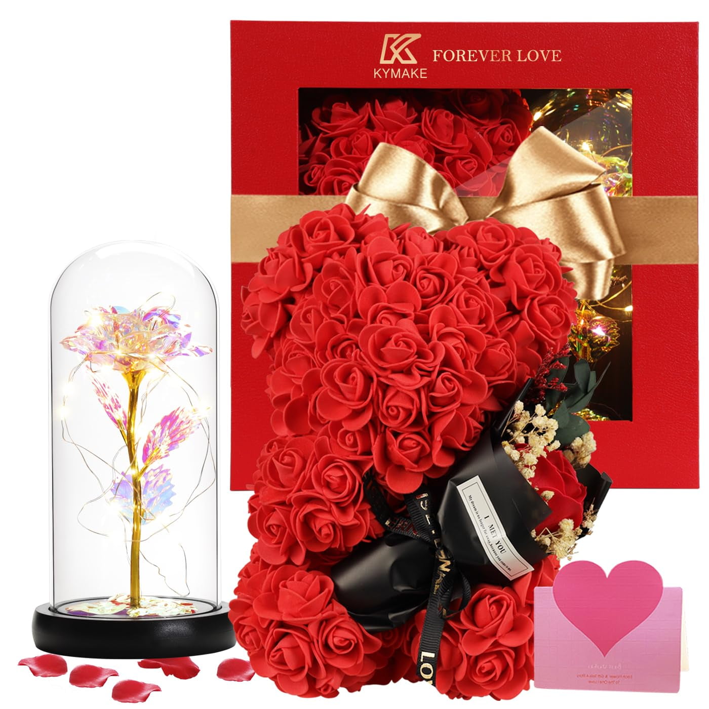 Set De Regalo K Kymake Rose Bear Con Tarjeta De Felicitación Y Lámpara De Flores