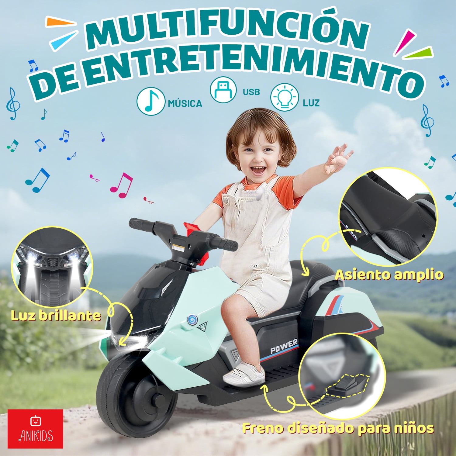 Anikids - Moto Electrica Para Niños 6v Con 3 Ruedas Multifuncional Agua