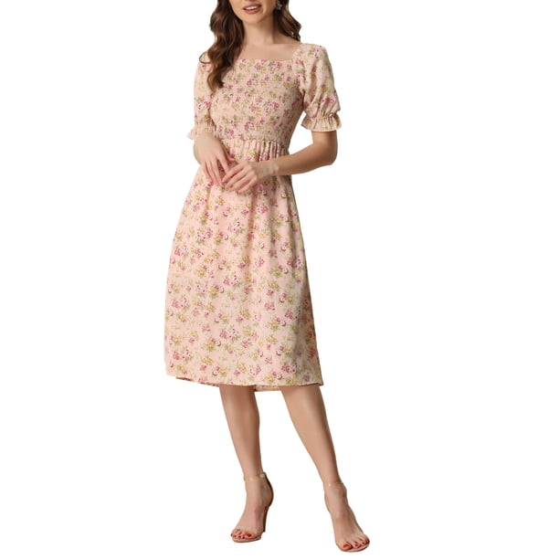 INSPIRE CHIC Vestido de Mujer con Nido de Abeja Floral Cuello Cuadrado Mangas Cortas Abullonadas Vestidos Midi de Primavera Verano Rosa L