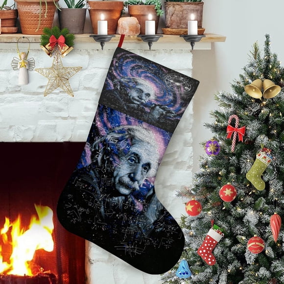 Einstein Tema: Calcetines de Navidad, fino lino blanco para colgar en escaleras y chimenea, decoración navideña para el hogar, regalo de Navidad. 54cm × 38cm