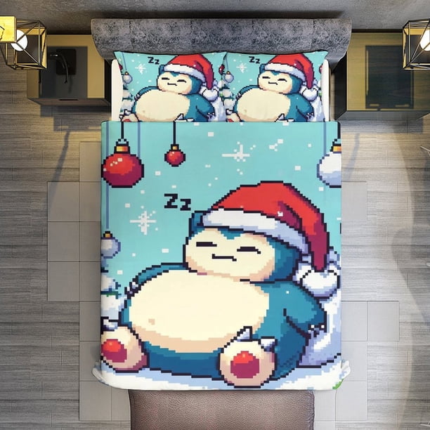 Christmas Pokmon Snorlax 3 Piece Sets Full/Queen Size - Reversible Microfiber Quilts with Shams Soft Lightweight Bedspread Coverlet Comforter for All Season Bed Sheets