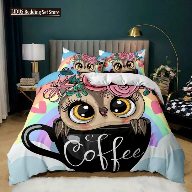 v1204 Bed Sheets Owl Duvet Cover Twin King Queen Size Cartoon Owl Comforter Cover Bird Animal Bedding Set Boys Quilt Cover Polyester Quilt Cover 3-Piece Bedding Set (1 Duvet Cover + 2 Pillow Shams) Be