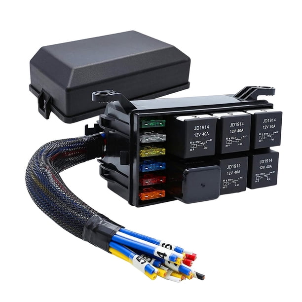 Caja de relés de fusibles, bloque de fusibles y caja de relés, reemplaza, bloque de relés de 6 ranuras, caja de relés precableada, portafusibles , 12V 12V 4 pines