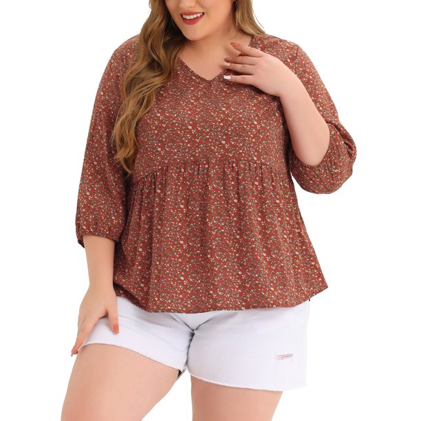 Agnes Orinda Blusas de Mujer Talla Grande Babydoll Cuello en V Mangas 3/4 de Linterna Camisas Florales Blusas Peplum 3X Rojo Marrón