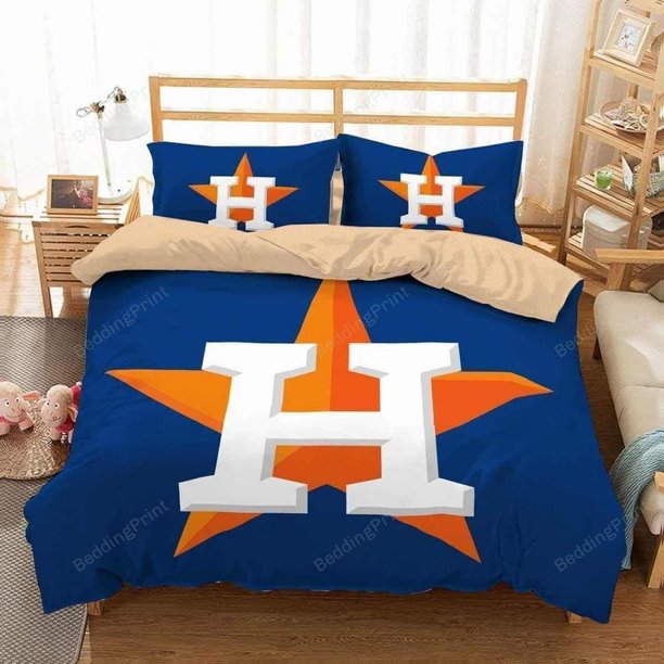 Houston Astros Logo Printed Quilt Duvet Cover Set Kids Bedspread Bedding3-Piece Bedding Set