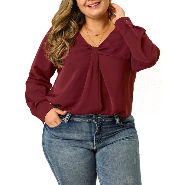 Agnes Orinda Conjuntos de Halloween Blusa Casual de Invierno para Mujer de Talla Grande con Manga Larga, Escote en V y Nudo, 4X Burdeos