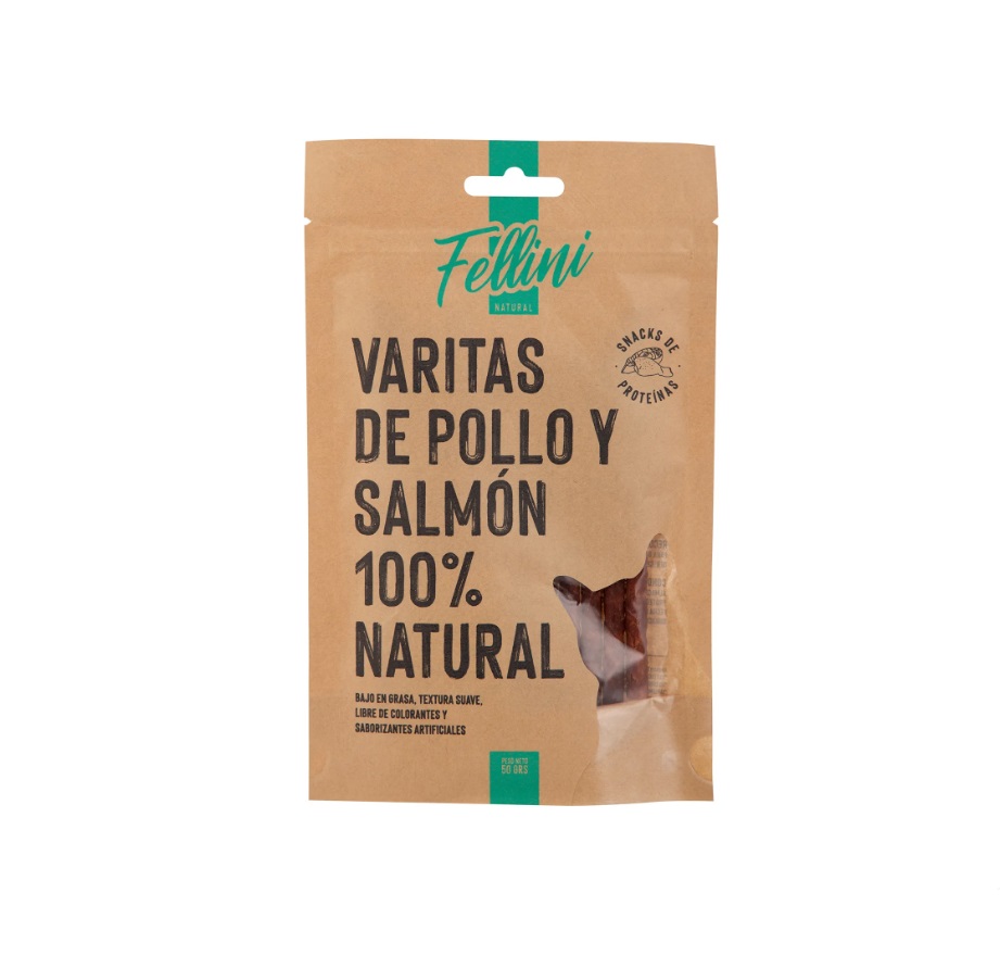 Snack Varitas De Pollo Y Salmón Fellini 50 Gr