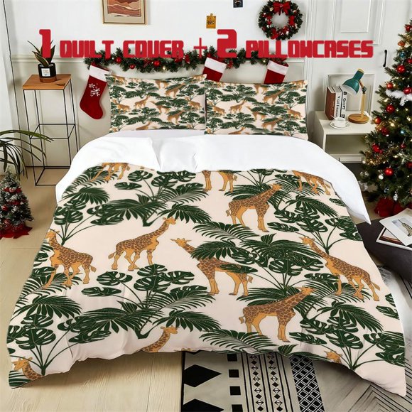 3pcs Giraffe and Plant Printed Bedding Set Soft Polyester Duvet Cover with 2 Pillowcases All Season Comfort
