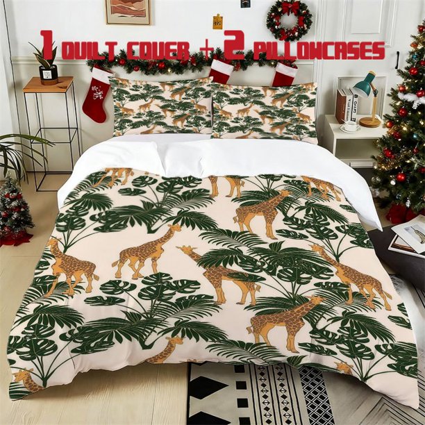 3pcs Giraffe and Plant Printed Bedding Set Soft Polyester Duvet Cover with 2 Pillowcases All Season Comfort