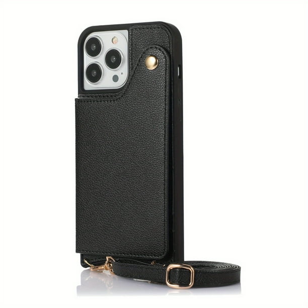 Crossbody Strap Shockproof Phone Bag And Wallet With Mirror Black Artificial Leather With Silver Detail Snap Phone Case Fit For IPhone 14 Promax 13 12 Pro Max