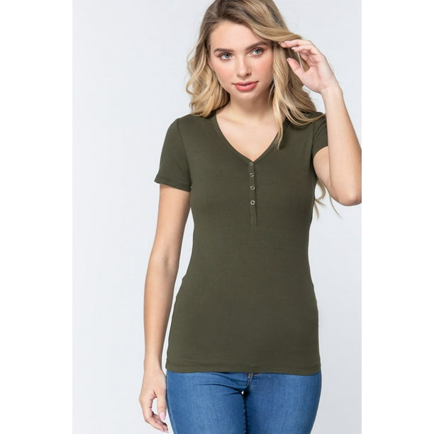 Top Corto de Punto Henley con Cuello en V y Manga Corta