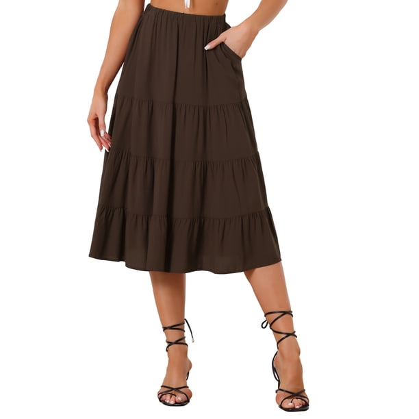 INSPIRE CHIC Falda Midi para Mujer Regreso a Clases Cintura Elástica Sólida Falda Acampanada Línea A con Bolsillos Marrón S