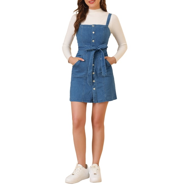 INSPIRE CHIC Vestido de Mezclilla de Primavera Verano para Mujer con Tirantes Ajustables en Línea A para Regreso a Clases XL Azul
