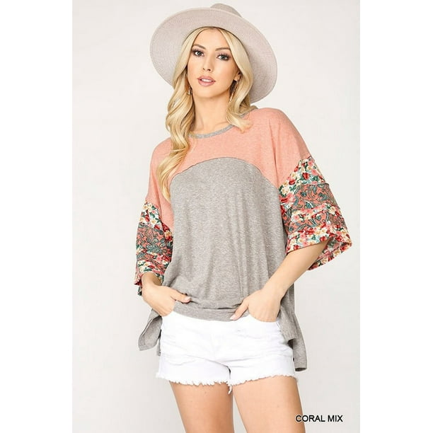 Top de Punto con Bloques de Color y Estampado Floral con Mangas Dolman