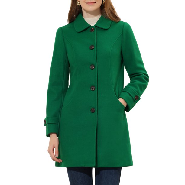 INSPIRE CHIC Abrigo de Invierno para Mujer con Cuello Peter Pan, Corte en Línea A hasta el Muslo, con Botonadura Simple, Talla S, Verde