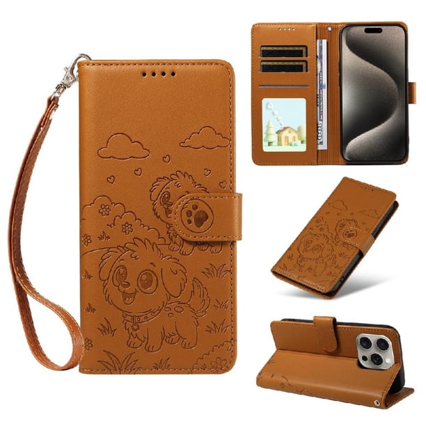Funda Cartera para iPhone 15 Pro Perro Cachorro Grabado con Tarjetas Soporte Correa Marrón