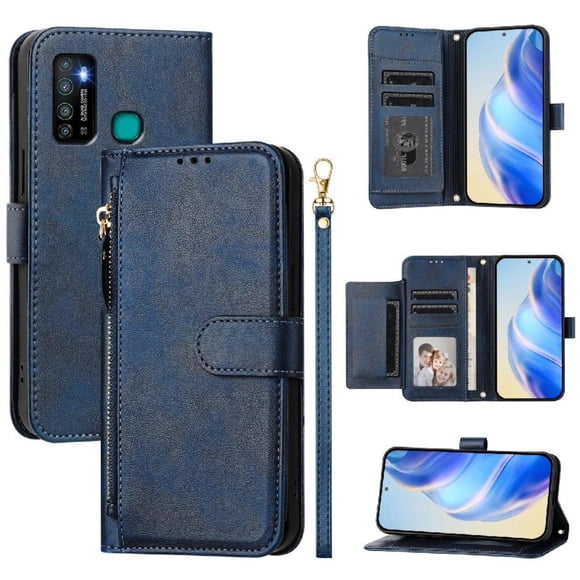 FOXDOCK Funda Tipo Cartera para itel A58 Lite Cuero PU con Cremallera y Correa de Muñeca, Ranuras para Tarjetas, Soporte Plegable, Cierre Magnético