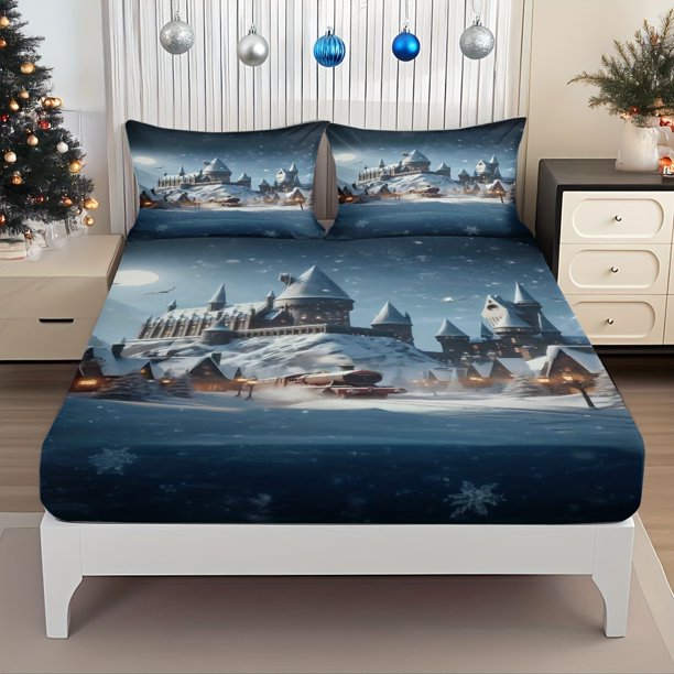 Fitted Sheet Snowy Night Castle Train Magic Academy Theme Winter Fantasy Art Print Mattress Protector with Elastic Design for a Per