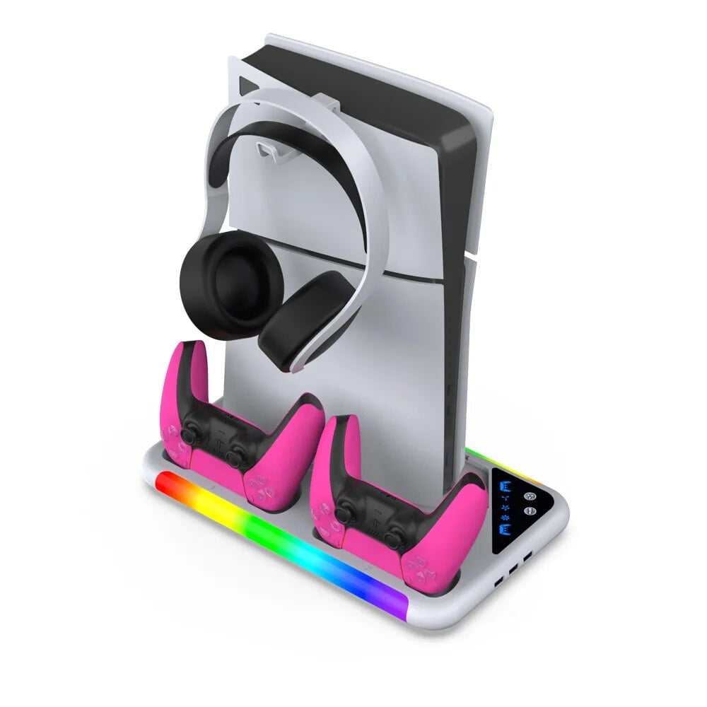 Estación De Enfriamiento Rgb Aaronmei Con Ventilador Y Cargador Dual Para Controles Ps5 Y Ps5 Slim Blanco