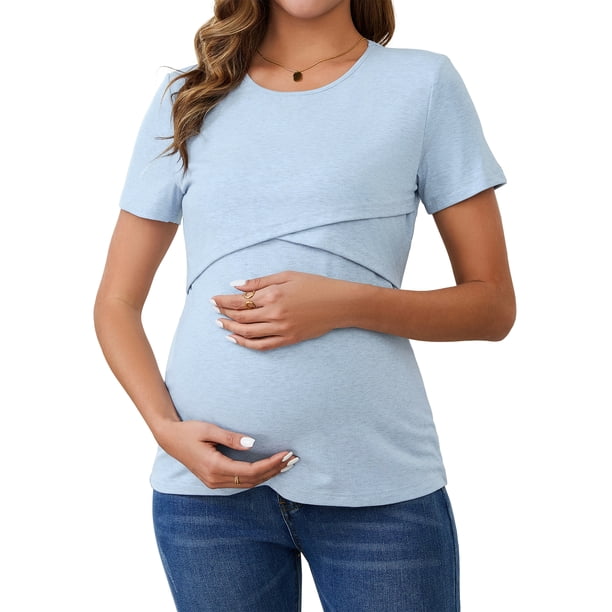 INSPIRE CHIC Camisetas de lactancia de manga corta de punto acanalado para mujer, parte superior de lactancia materna cruzada, talla XX-Large, negro