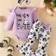 thumbnail image 1 of Cute Cow Print Outfit - Long Sleeve Flutter Sleeve Infant Romper + Bowknot Flared Trousers + Headband Baby Girls 3pcs Set, 1 of 5