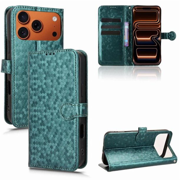 Funda Cartera Lunares iPhone 17 Pro con Tarjetero, Correa y Soporte Verde