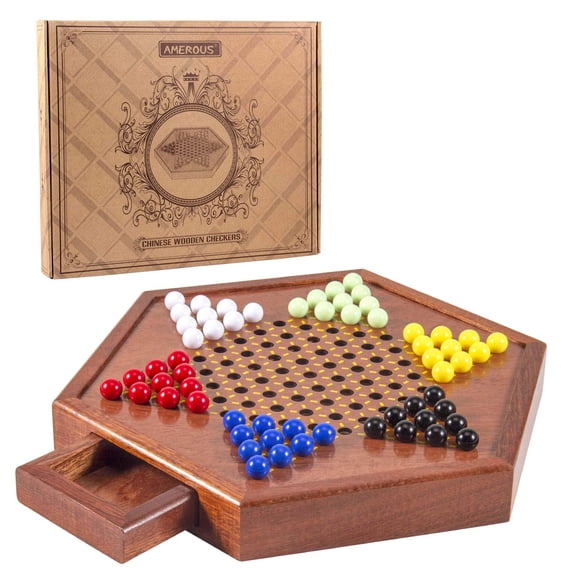 Juego de damas chinas AMEROUS de madera con almacenamiento, 60 canicas