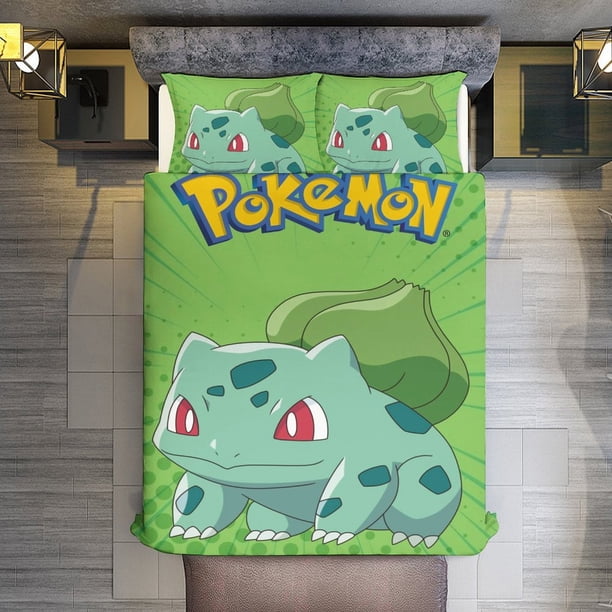 Pokemon Bulbasaur 3 Piece Sets Full/Queen Size - Reversible Microfiber Quilts with Shams Soft Lightweight Bedspread Coverlet Comforter for All Season Bed Sheets