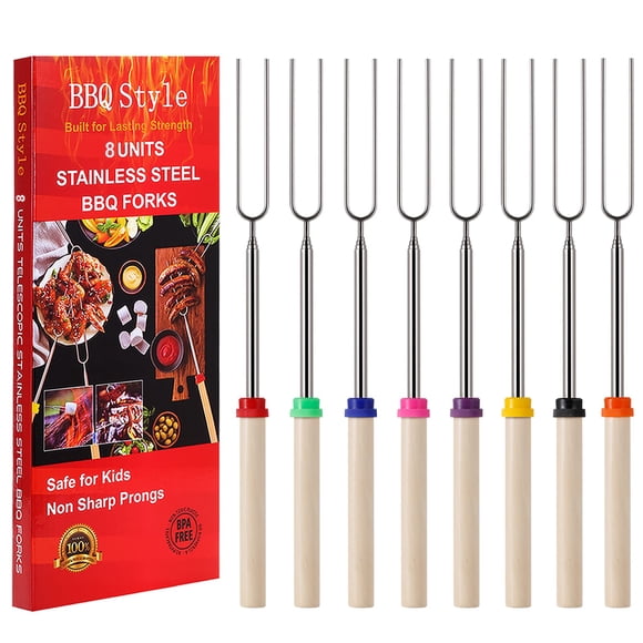 Palitos para asar malvaviscos, estilo barbacoa, telescópicos, 81 cm, 8 unidades