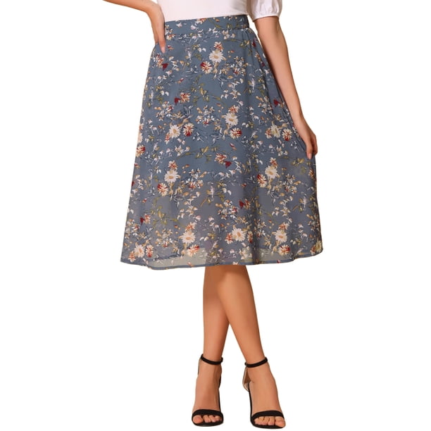 INSPIRE CHIC Falda Midi Línea A para Mujer Vuelta al Colegio Estampado Floral Chiffón Vintage Faldas de Verano Gris Azul S