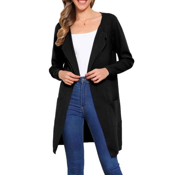 Cárdigan de suéter para mujer, abrigo de otoño, abierto al frente, manga larga, medio largo, chaqueta de punto, L negro