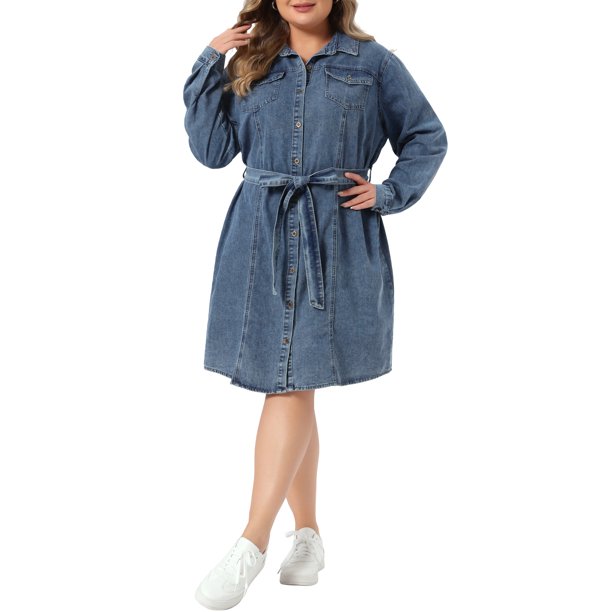 Agnes Orinda Vestido de Mezclilla Midi con Botones, Cinturón y Mangas Largas para Mujer Talla Grande, Ideal para Escuela, Universidad y Pascua, 1X Gris Azul