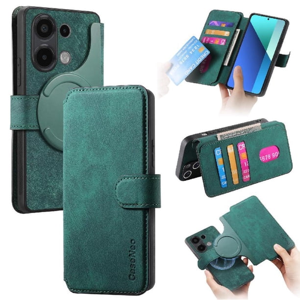 Funda Billetera Magnética para Xiaomi Redmi Note 13 4G Soporte Tarjetas Desmontable Verde