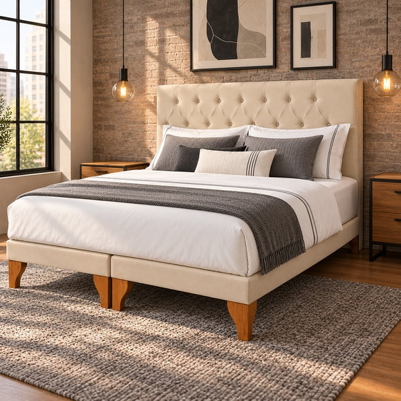 Set de Cama 2 Plazas Lino Beige: Base Dividida, Colchón 22 cm y Respaldo Capitoné
