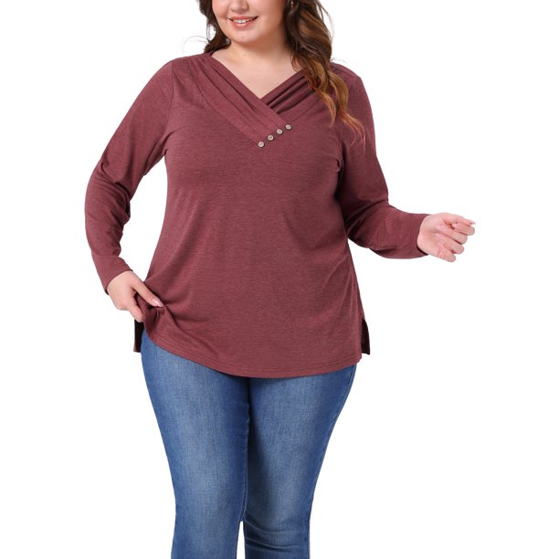 Agnes Orinda Conjuntos de Halloween Blusas Túnica de Talla Grande para Mujeres Camisa de Manga Larga con Cuello en V y Botones para Otoño Blusa Suelta 2X Burdeos