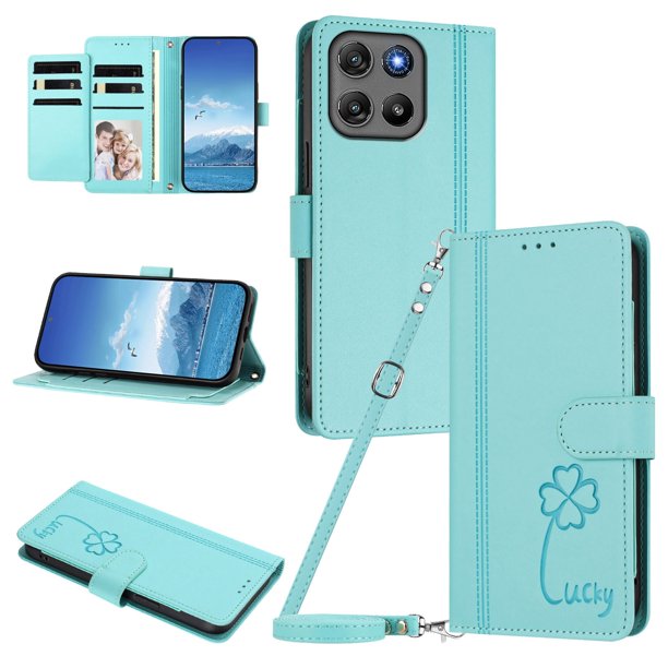 Funda Cartera Trébol para Motorola Moto G57 con Ranuras Tarjetas y Carga Inalámbrica Verde menta